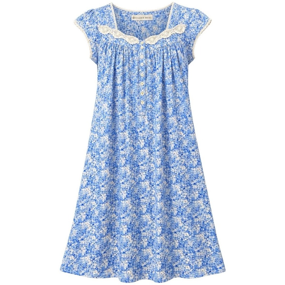 Eileen West Blue Floral Nightgown Button Front Cap Sleeve Lace Size Medium M